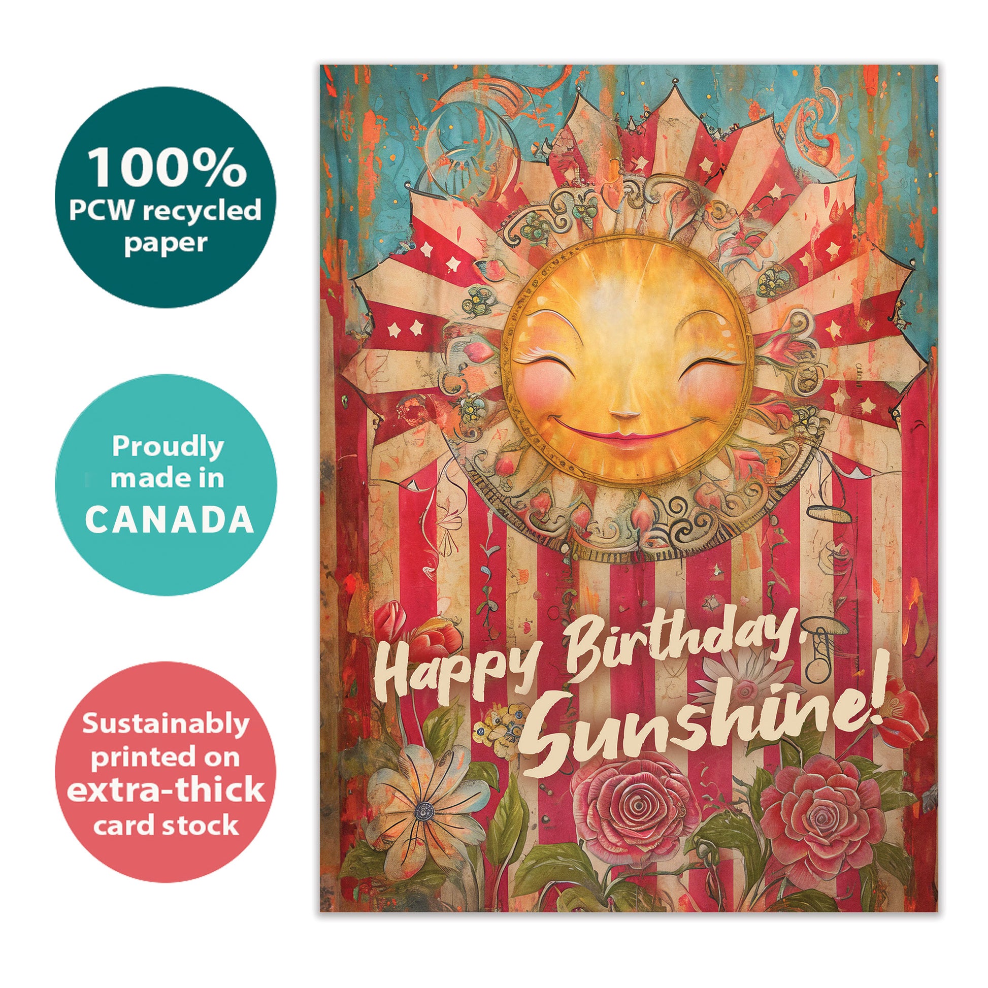 Front view of a Birthday greeting card with a smiling sun and floral design, highlighting its eco-friendly materials and made in Canada