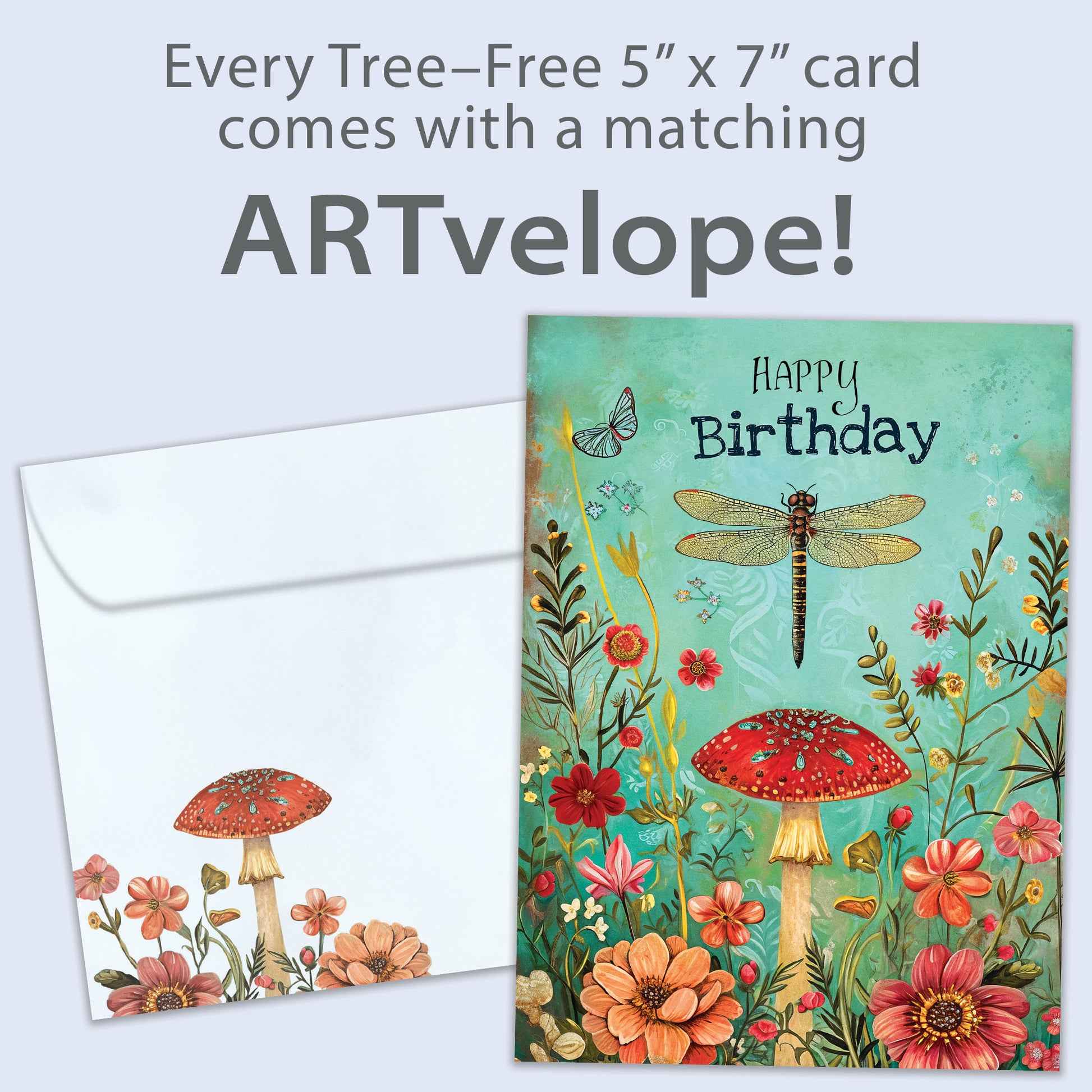 Front view of a Birthday greeting card featuring a floral design and dragonfly with the message "Happy Birthday", with matching envelope artwork.