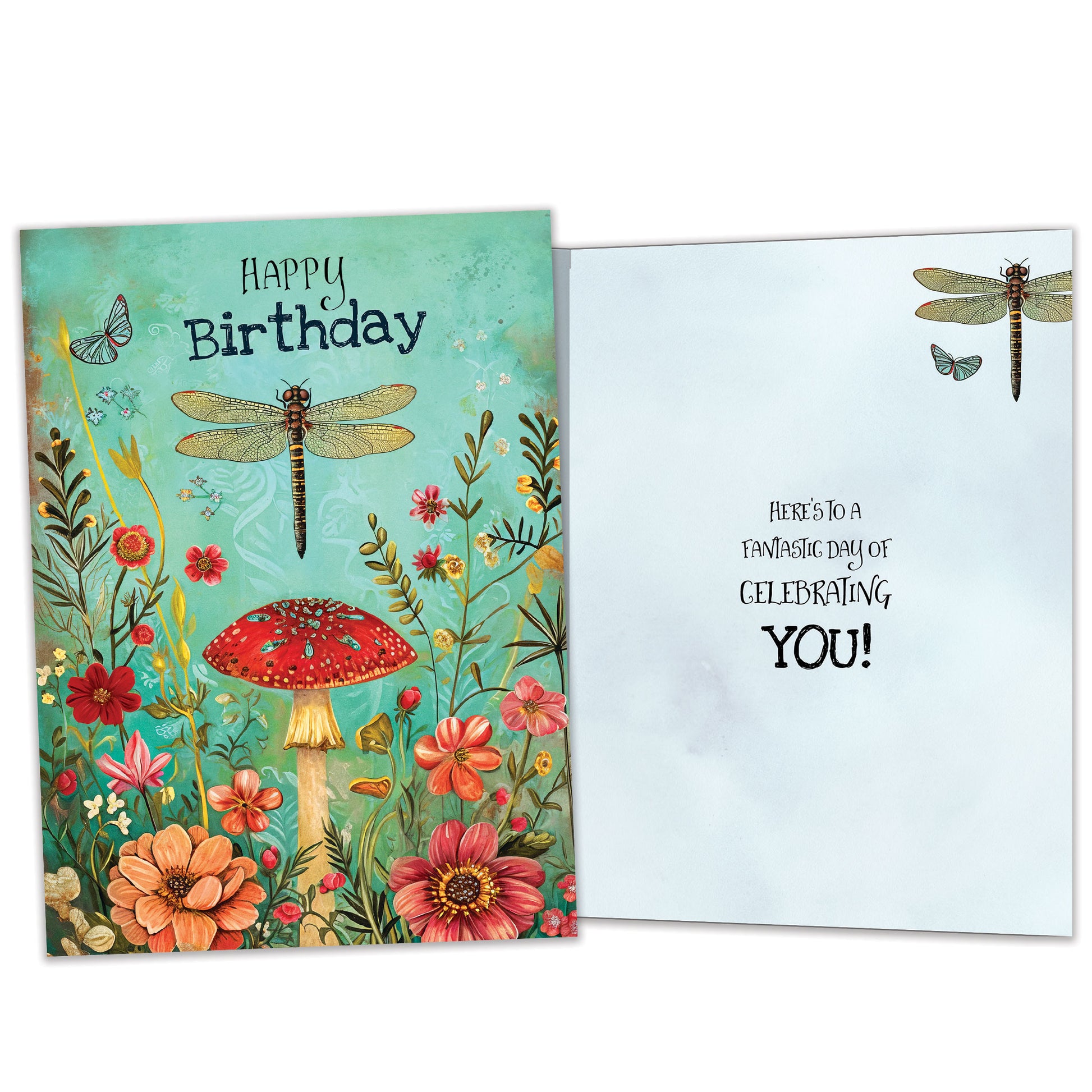 Front and inside view of a Birthday greeting card featuring a whimsical floral design and dragonfly, with matching design details inside.