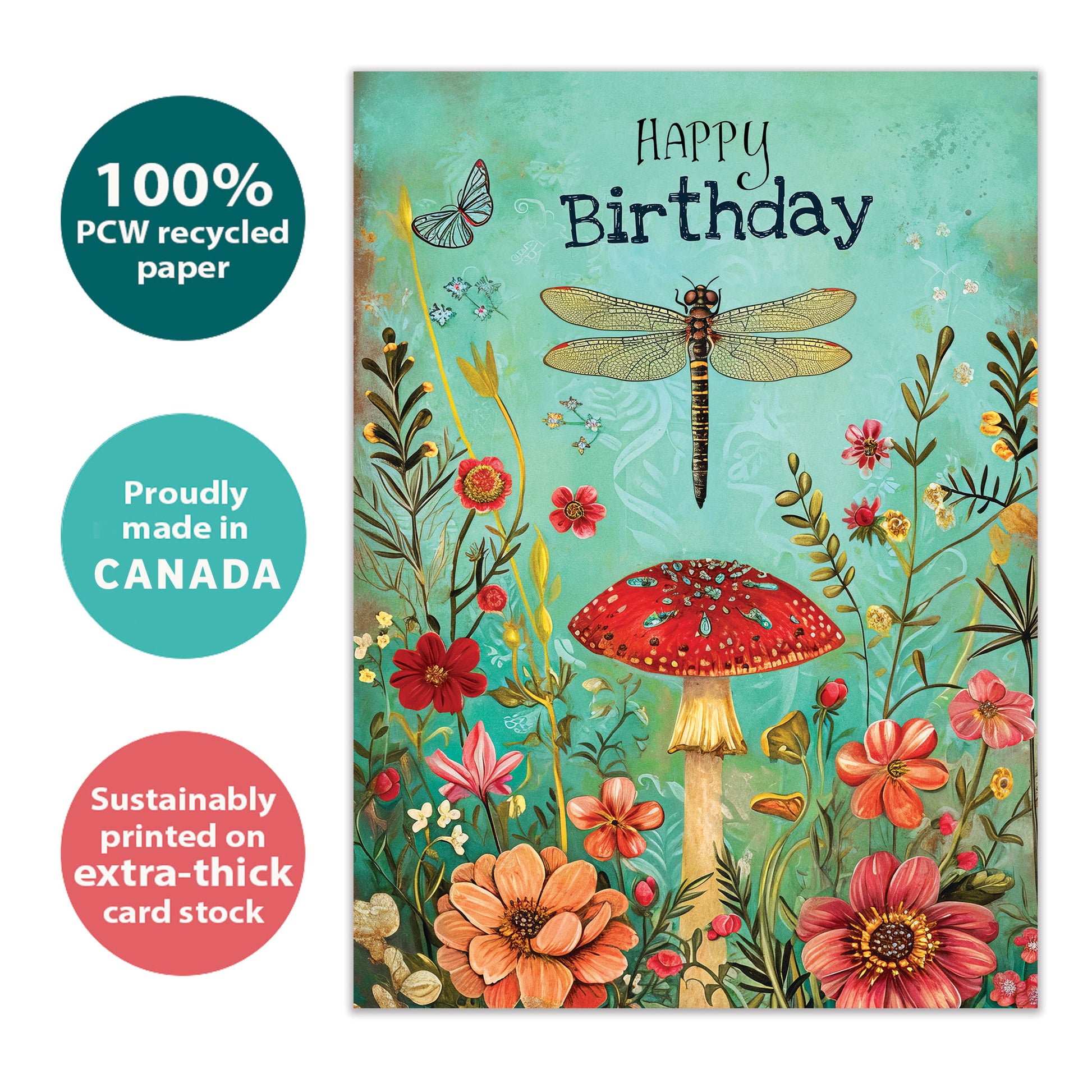 Front view of a Birthday greeting card featuring a whimsical floral design and dragonfly, highlighting its eco-friendly materials and made in Canada.