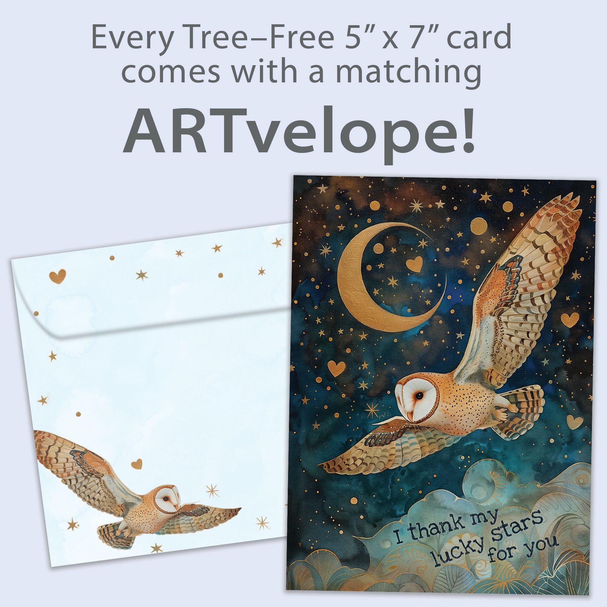 Front view of a Birthday greeting card featuring an owl flying at night with the message "I thank my lucky stars", with matching envelope artwork.