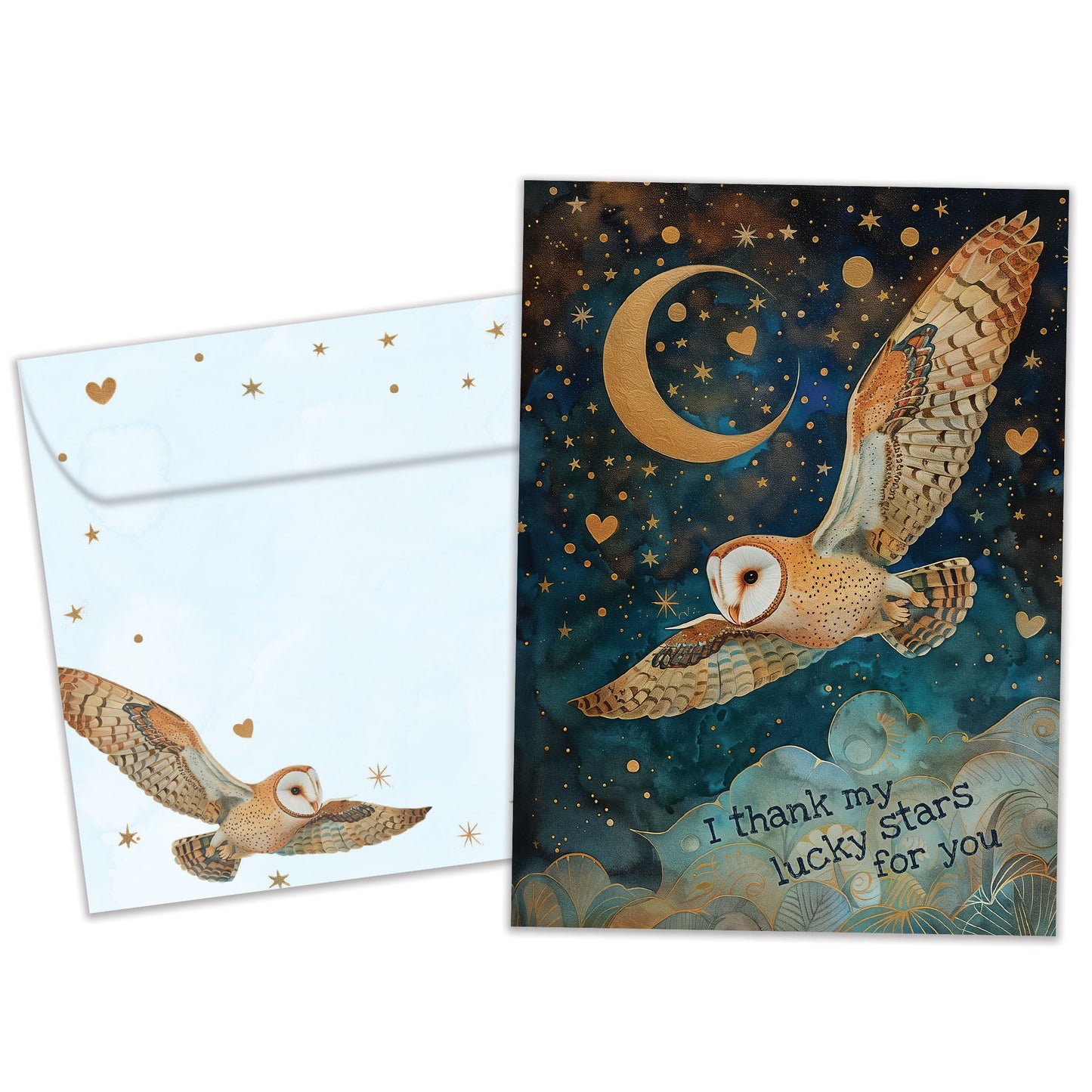 Front view of a Birthday greeting card featuring an owl flying at night with the message "I thank my lucky stars", with a matching envelope.