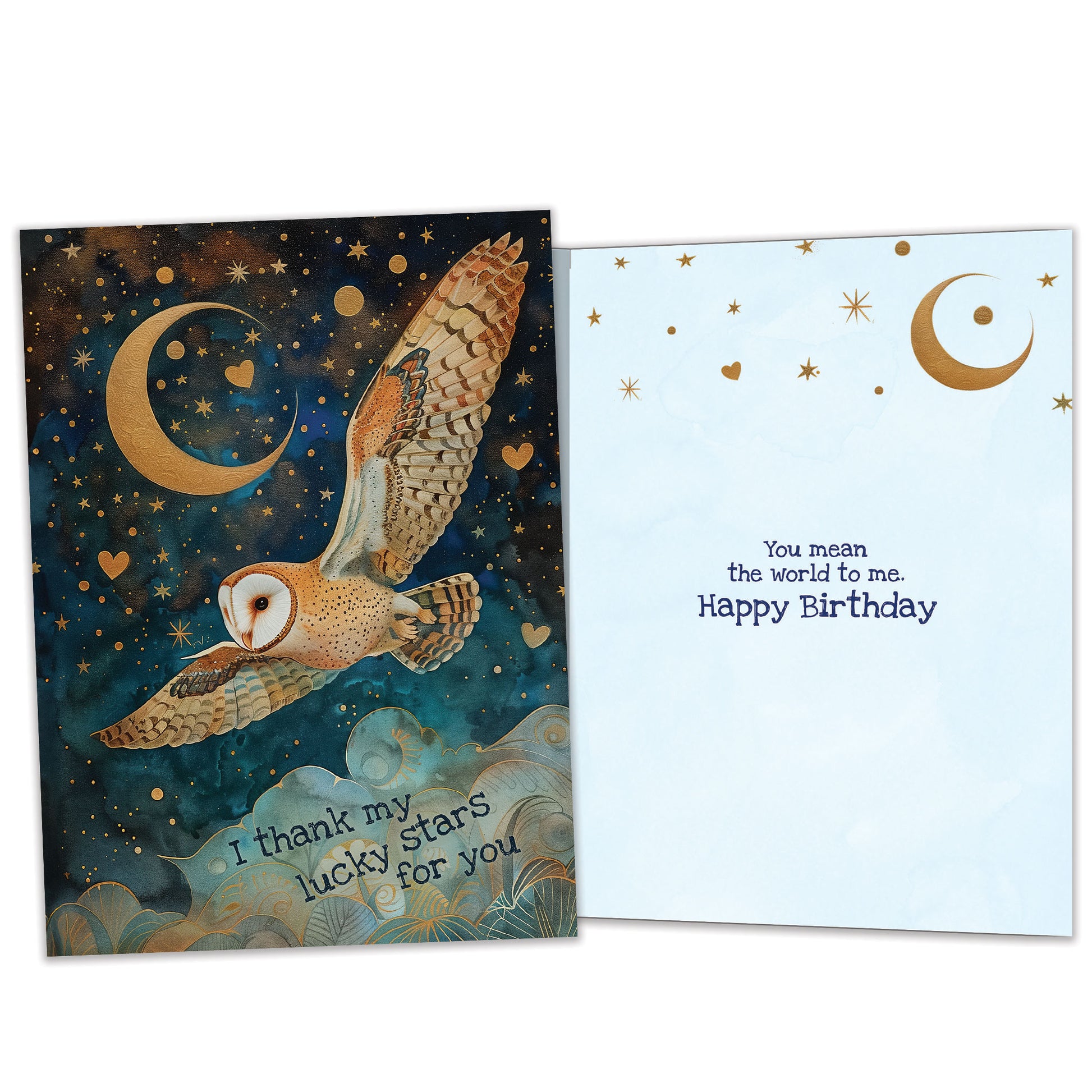 Front and inside view of a Birthday greeting card with an owl flying at night and the message "I thank my lucky stars", with matching design details inside.