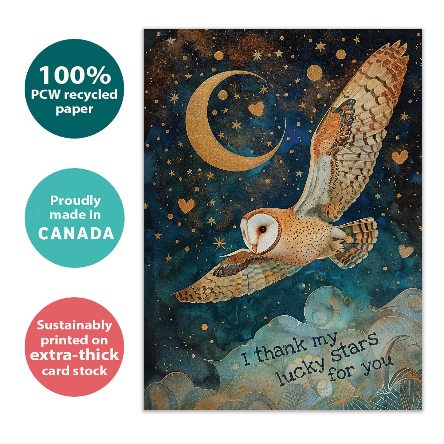 Front view of a Birthday greeting card featuring an owl flying at night, highlighting its eco-friendly materials and made in Canada.