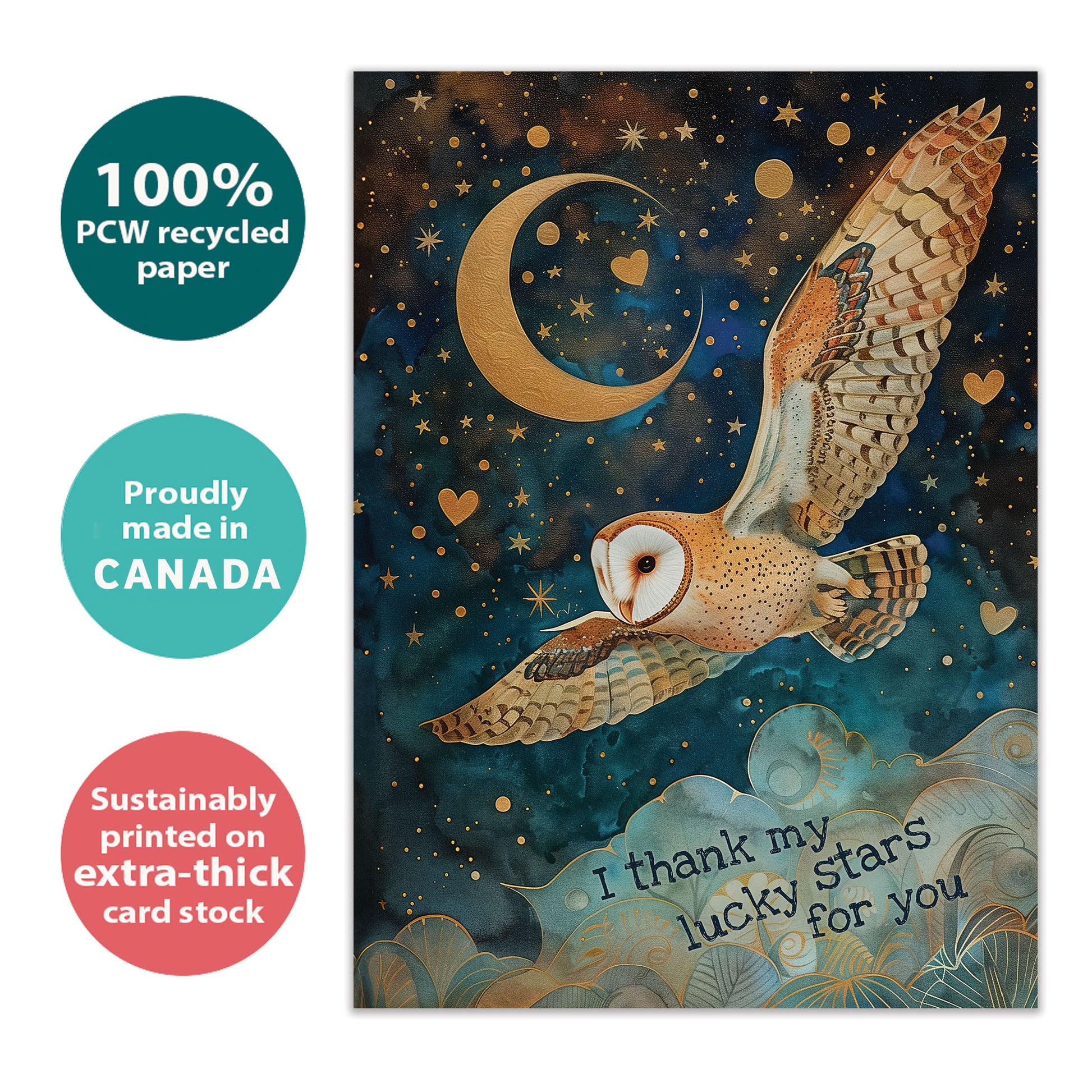 Front view of a Birthday greeting card featuring an owl flying at night, highlighting its eco-friendly materials and made in Canada.
