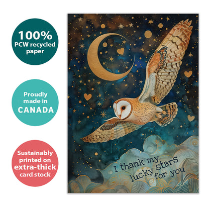 Front view of a Birthday greeting card featuring an owl flying at night, highlighting its eco-friendly materials and made in Canada.