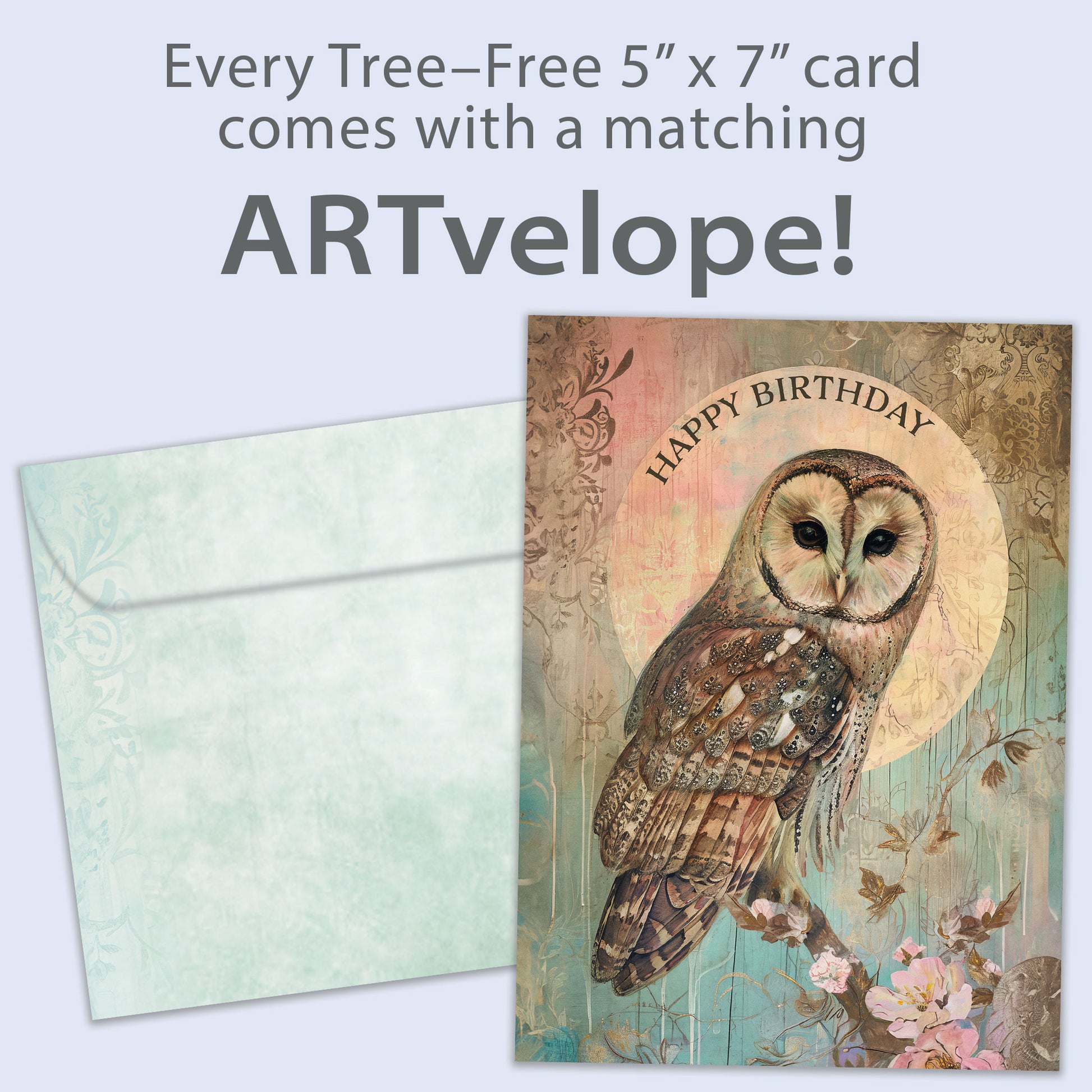 Front view of a Birthday greeting card featuring an illustration of an owl and the message "Happy Birthday" with matching envelope artwork.