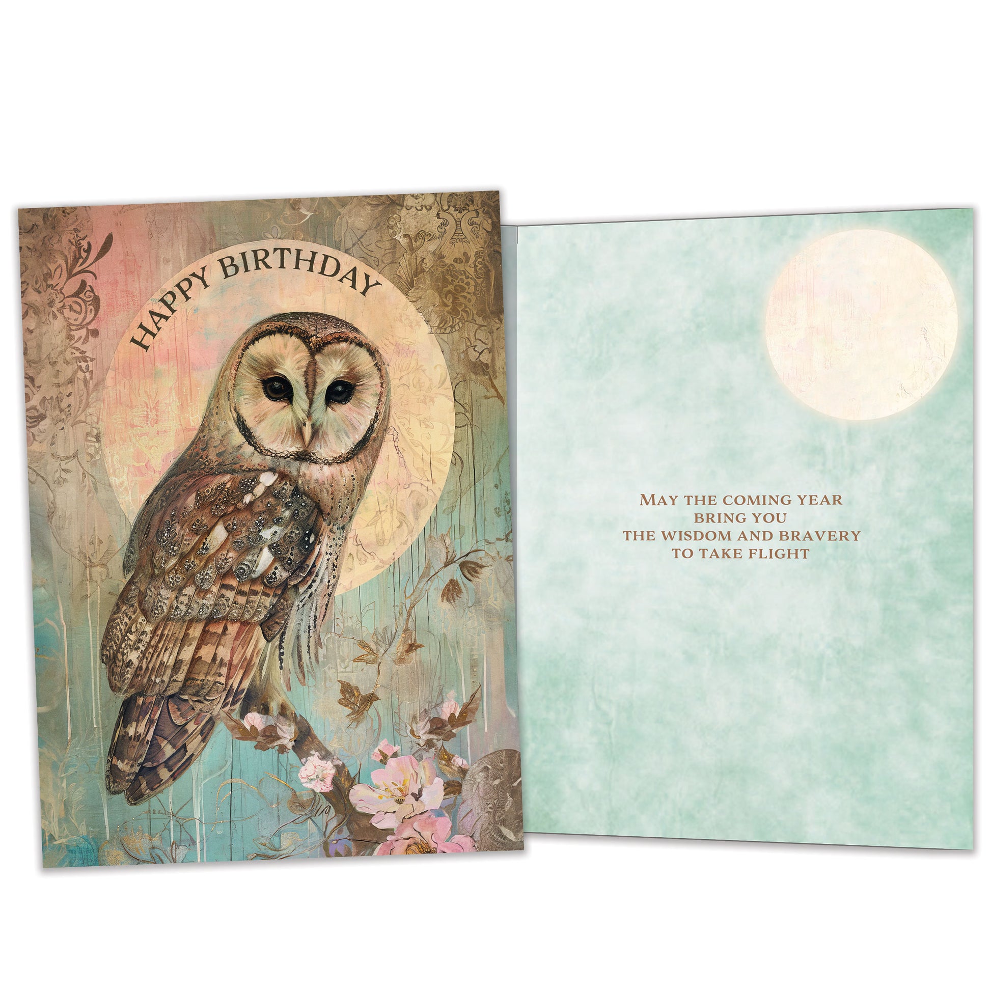 Front and inside view of a Birthday greeting card featuring an illustration of an owl, with matching design details inside.