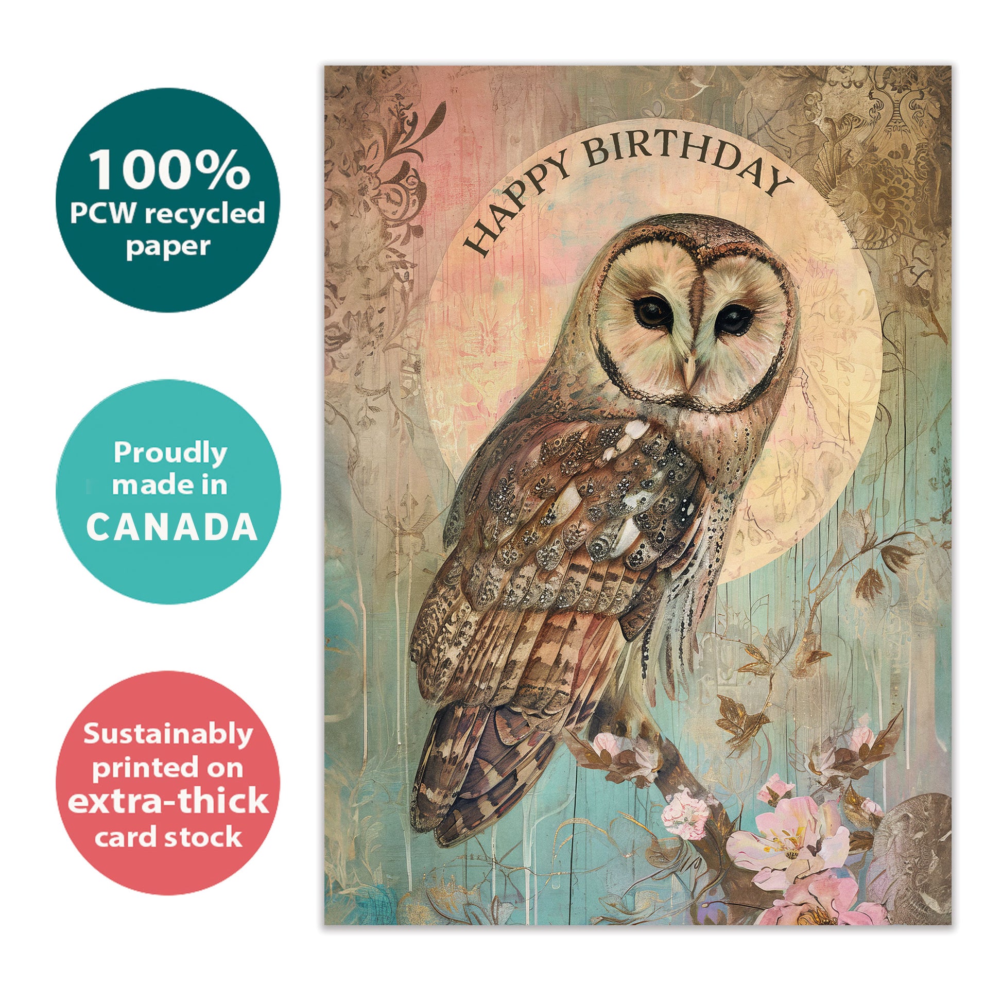 Front view of a Birthday greeting card featuring an illustration of an owl, highlighting its eco-friendly materials and made in Canada