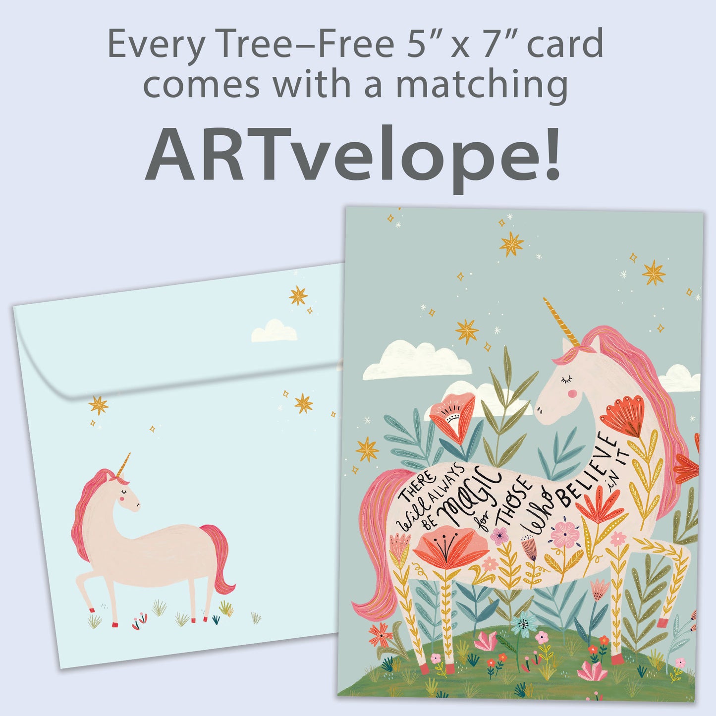 Front view of a Birthday greeting card featuring an image of a magical unicorn and a message about magic and believing, with matching envelope artwork