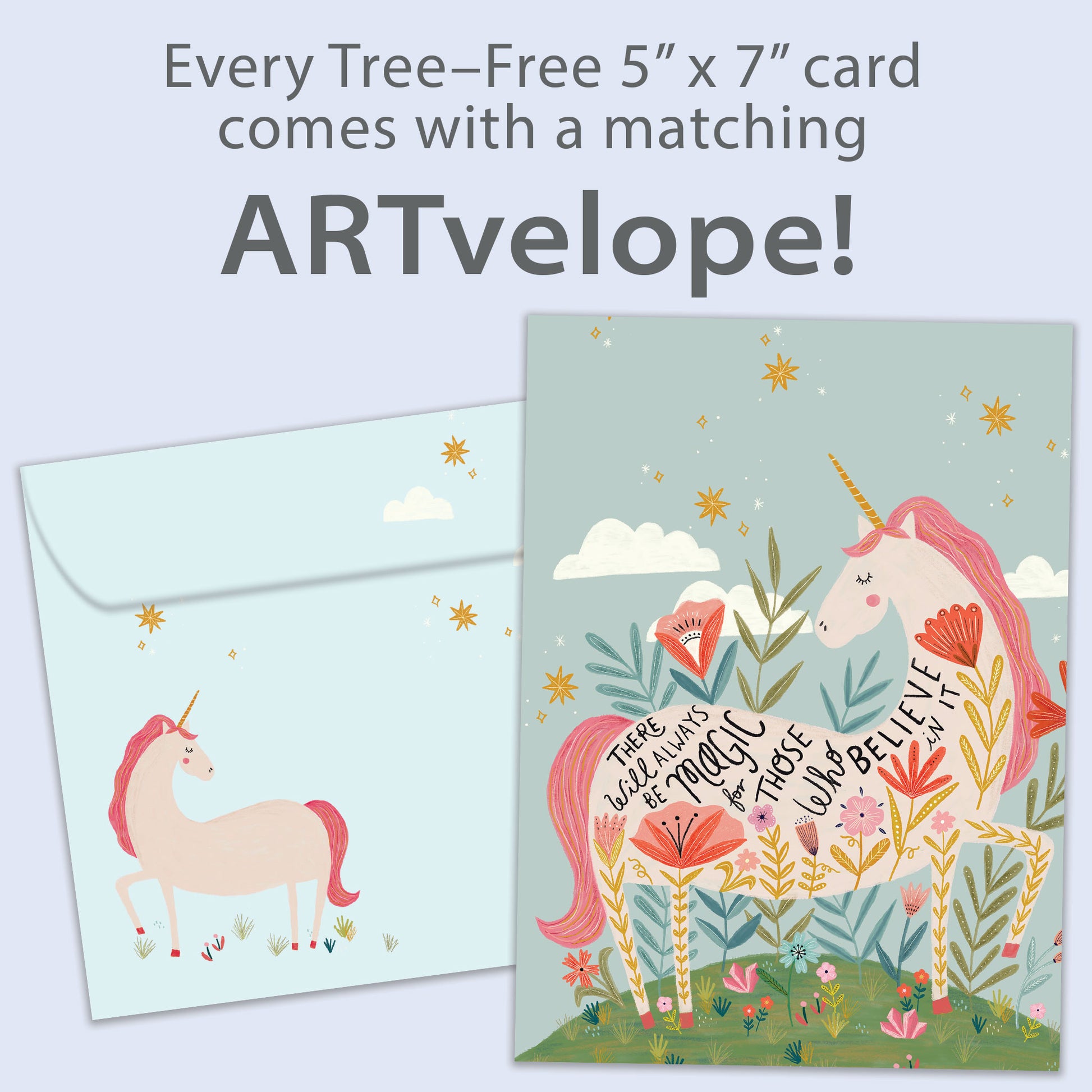 Front view of a Birthday greeting card featuring an image of a magical unicorn and a message about magic and believing, with matching envelope artwork