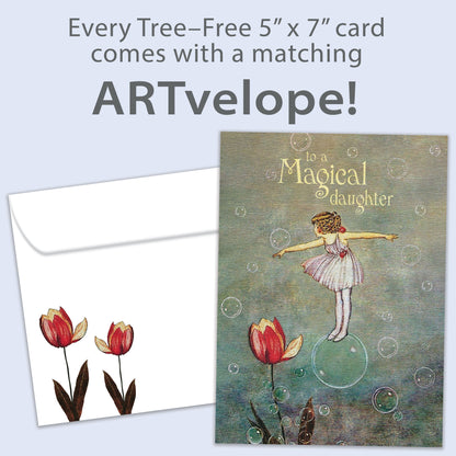 Front view of a Birthday greeting card featuring a girl floating on a bubble with the message "to a magical daughter", with matching envelope artwork.