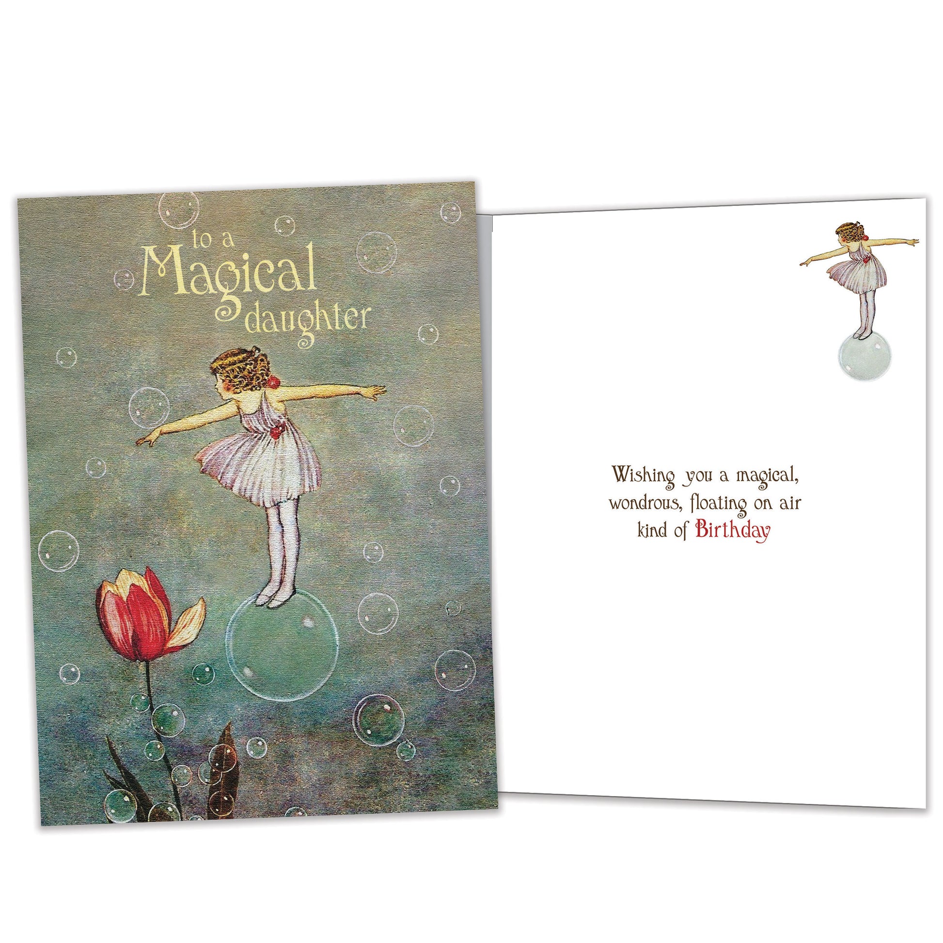 Front and inside view of a Birthday greeting card featuring a girl floating on a bubble, with matching design details inside.