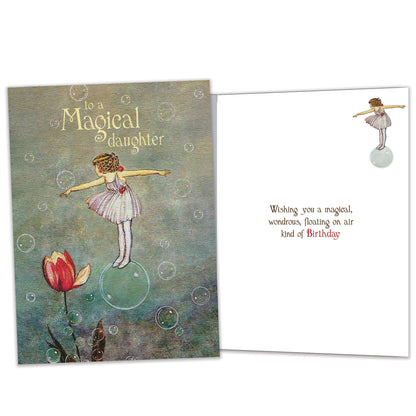 Front and inside view of a Birthday greeting card featuring a girl floating on a bubble, with matching design details inside.