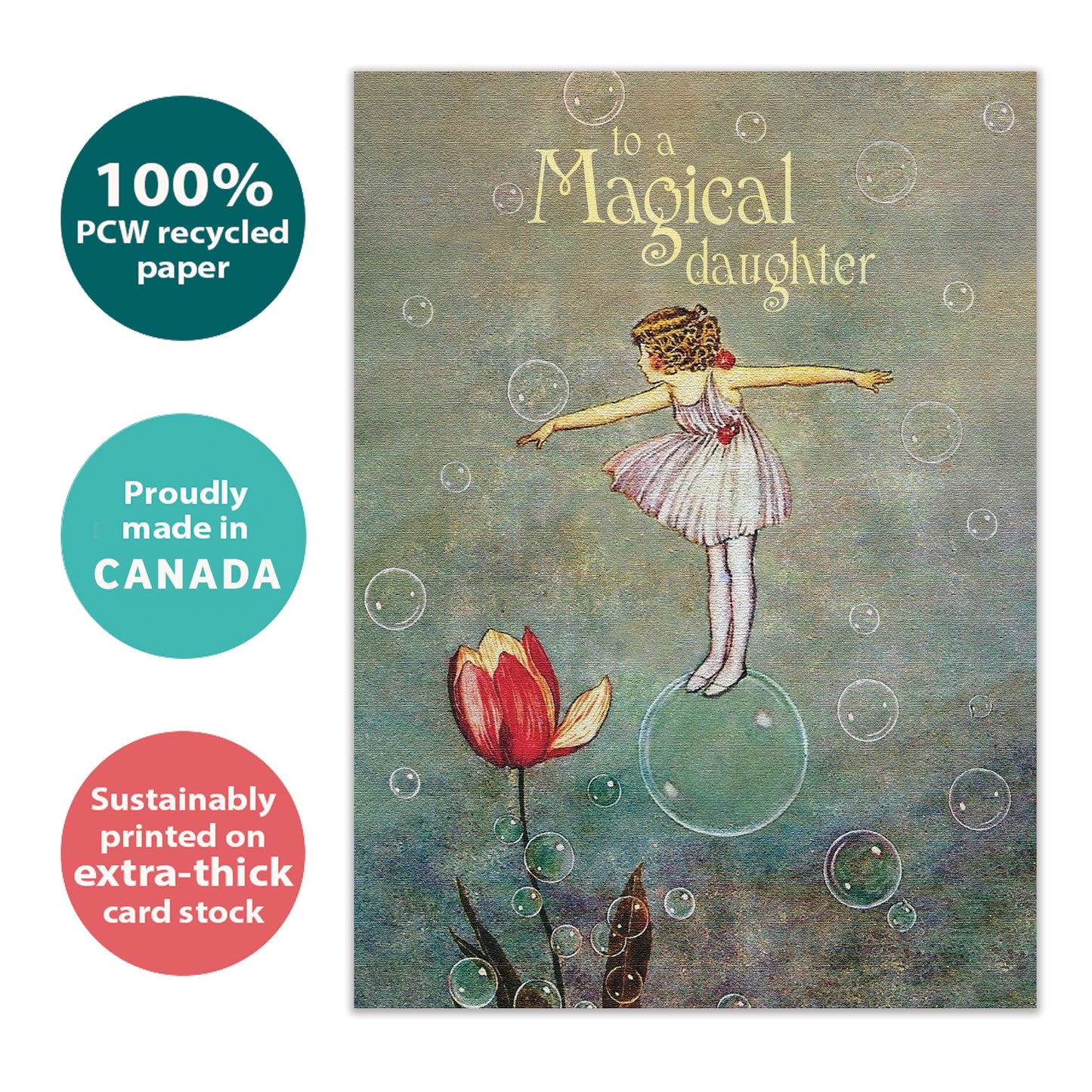 Front view of a Birthday greeting card featuring a girl floating on a bubble, highlighting its eco-friendly materials and made in Canada.