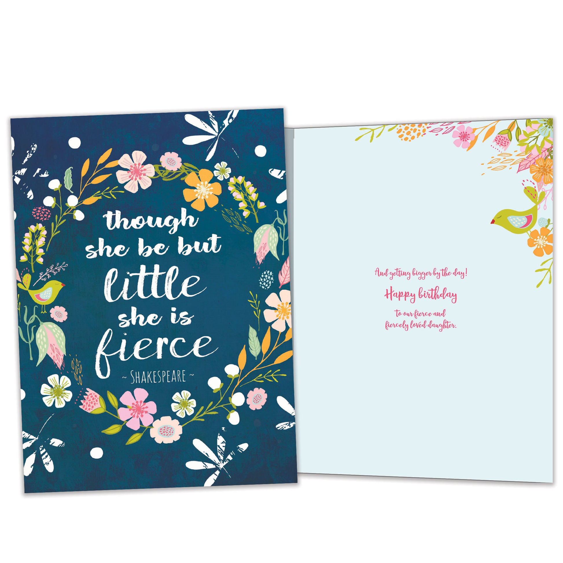 Front and inside view of a Birthday greeting card featuring a floral design surrounding a words with matching design details inside.