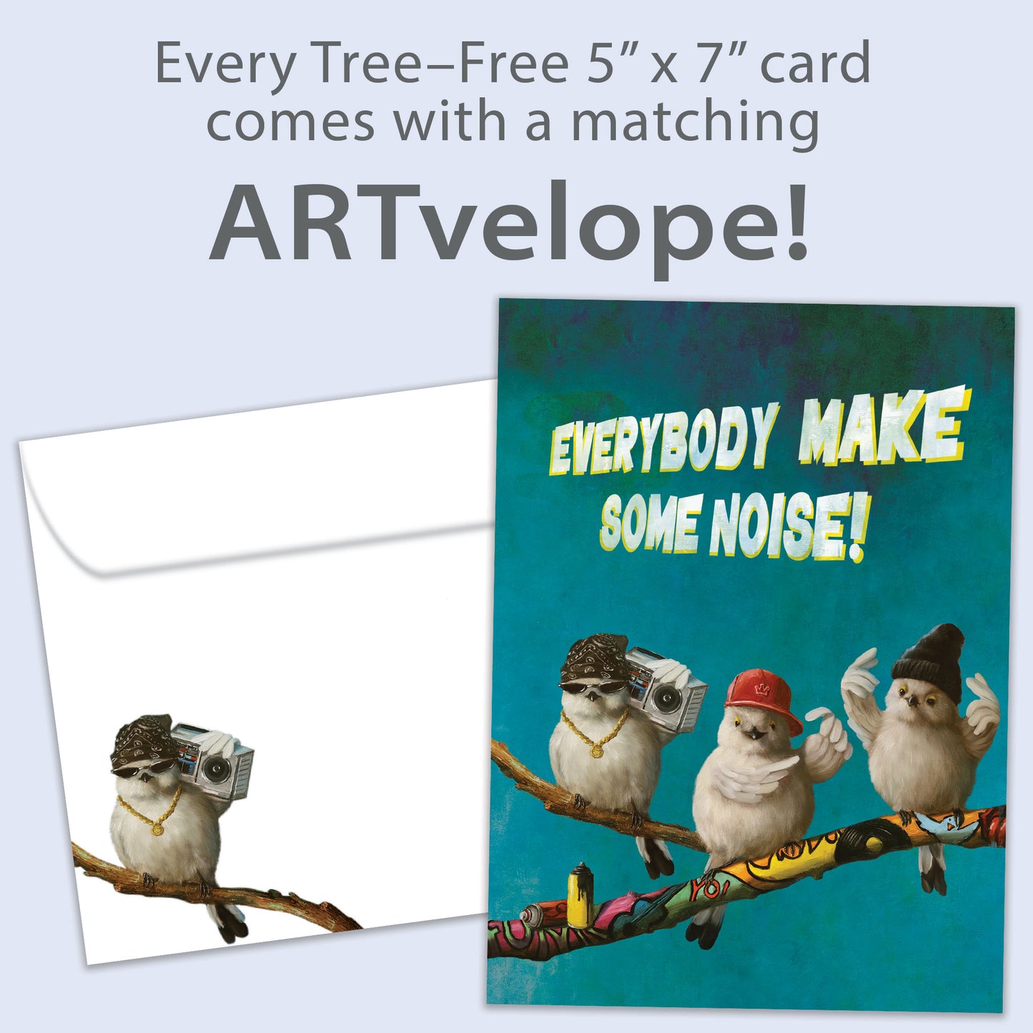 Front view of a Birthday greeting card featuring birds dancing on a branch and a message “Everybody make some noise!” with matching envelope artwork