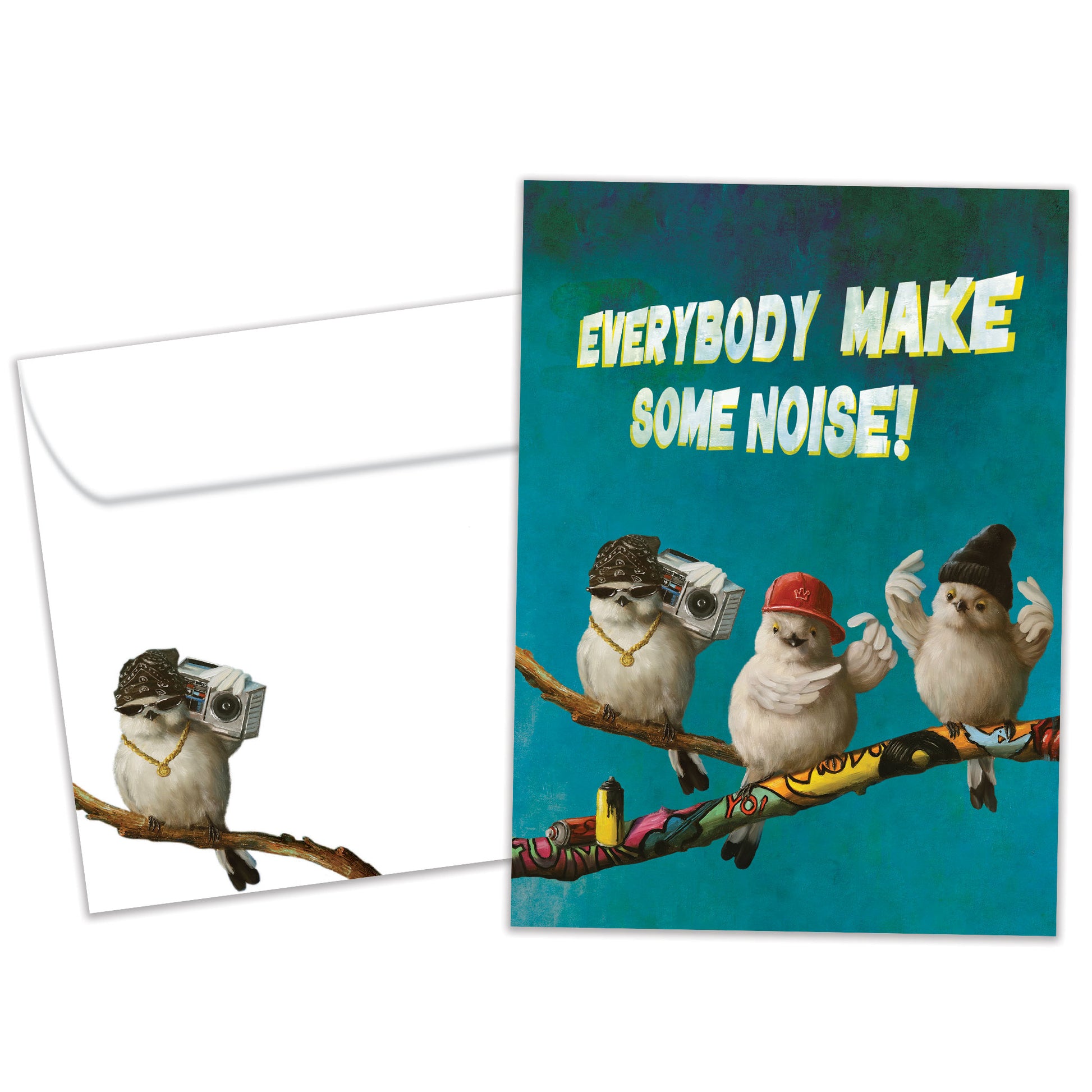 Front view of a Birthday greeting card with an illustration of birds dancing to music on a branch with a matching envelope