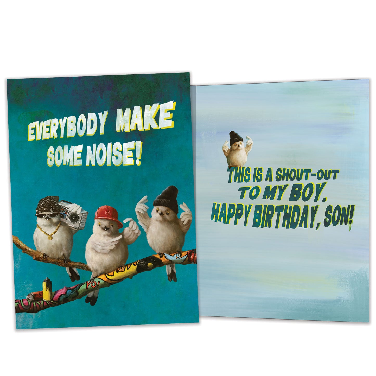 Front and inside view of a Birthday greeting card featuring birds dancing and the message "Everybody make some noise!" with matching design details inside.