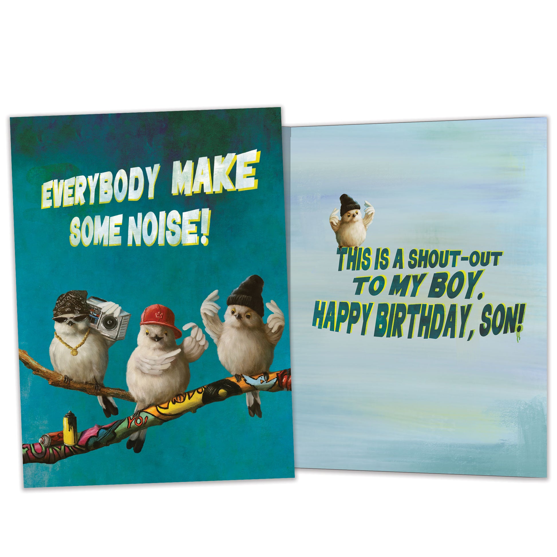 Front and inside view of a Birthday greeting card featuring birds dancing and the message "Everybody make some noise!" with matching design details inside.