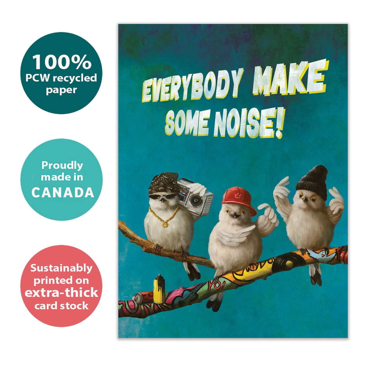 Front view of a Birthday greeting card featuring a birds dancing on a branch with the message "Everybody make some noise" with matching envelope artwork.