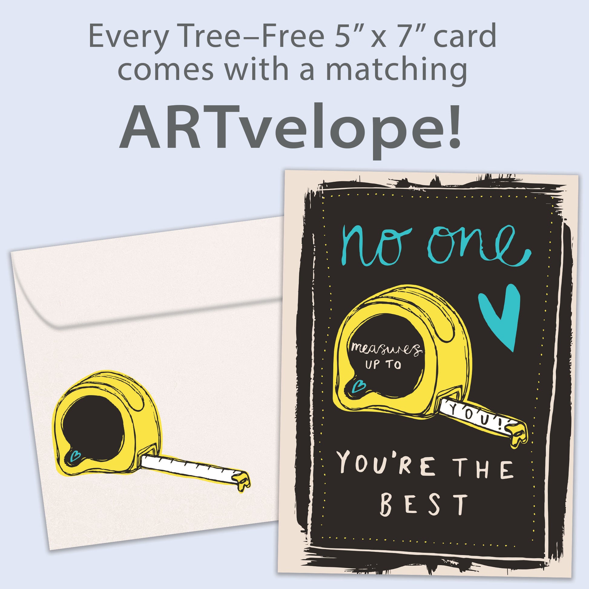 Front view of a Birthday greeting card featuring an illustration of a tape measure with a message about measuring up, with matching envelope artwork.