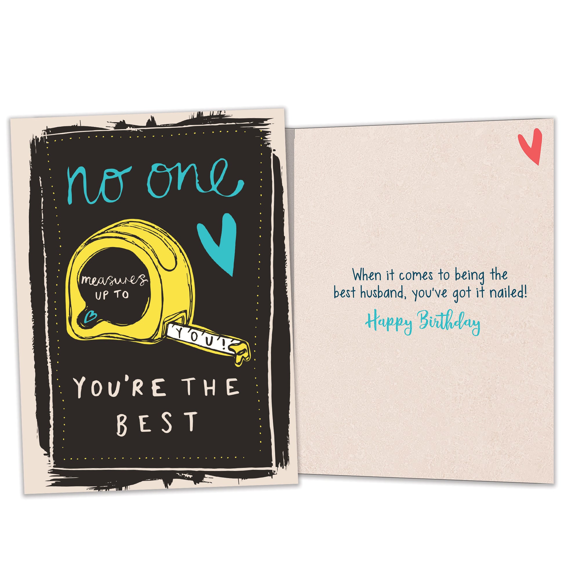 Front and inside view of a Birthday greeting card featuring an illustration of a tape measure with a message about measuring up, with matching design details inside.