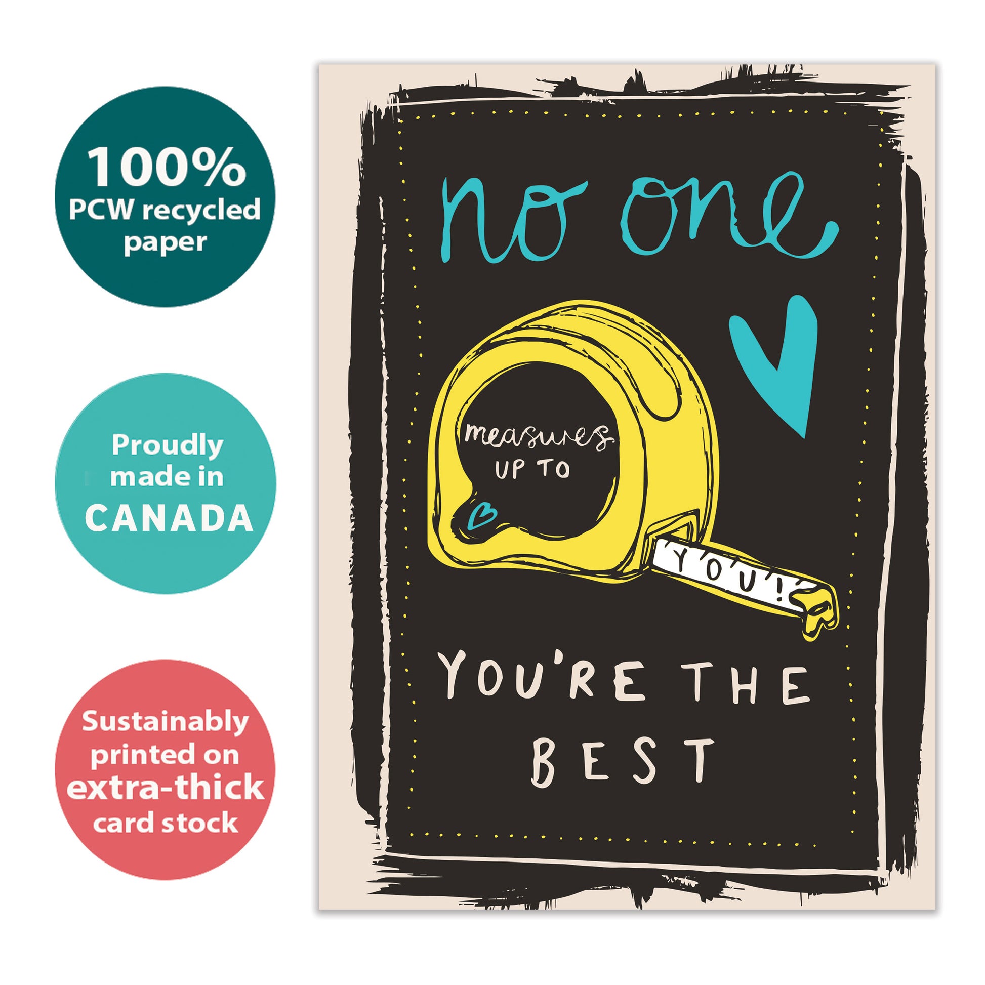 Front view of a Birthday greeting card featuring an illustration of a tape measure, highlighting its eco-friendly materials and made in Canada.