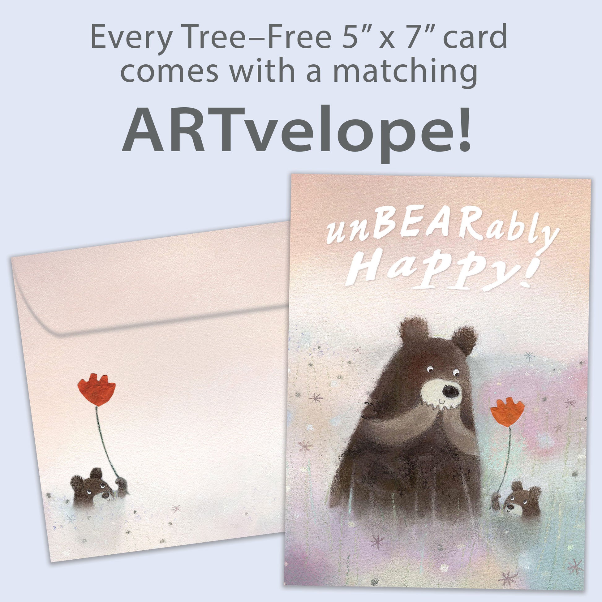 Front view of a Birthday greeting card featuring an illustration of a cub bear handing a flower to a bear, with matching envelope artwork.