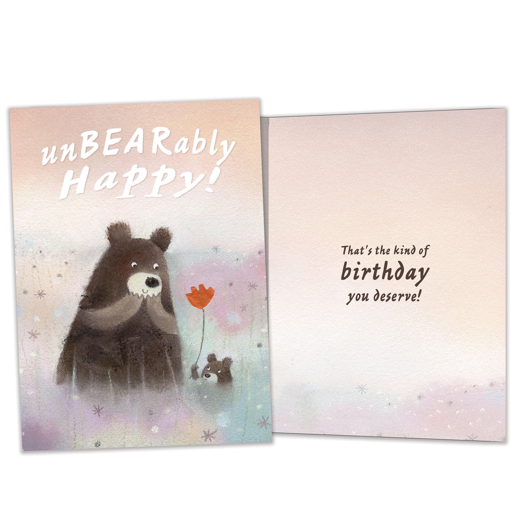 Front and inside view of a Birthday greeting card featuring an illustration of a cub bear handing a flower to a bear, with matching inner details.