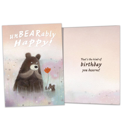 Front and inside view of a Birthday greeting card featuring an illustration of a cub bear handing a flower to a bear, with matching inner details.