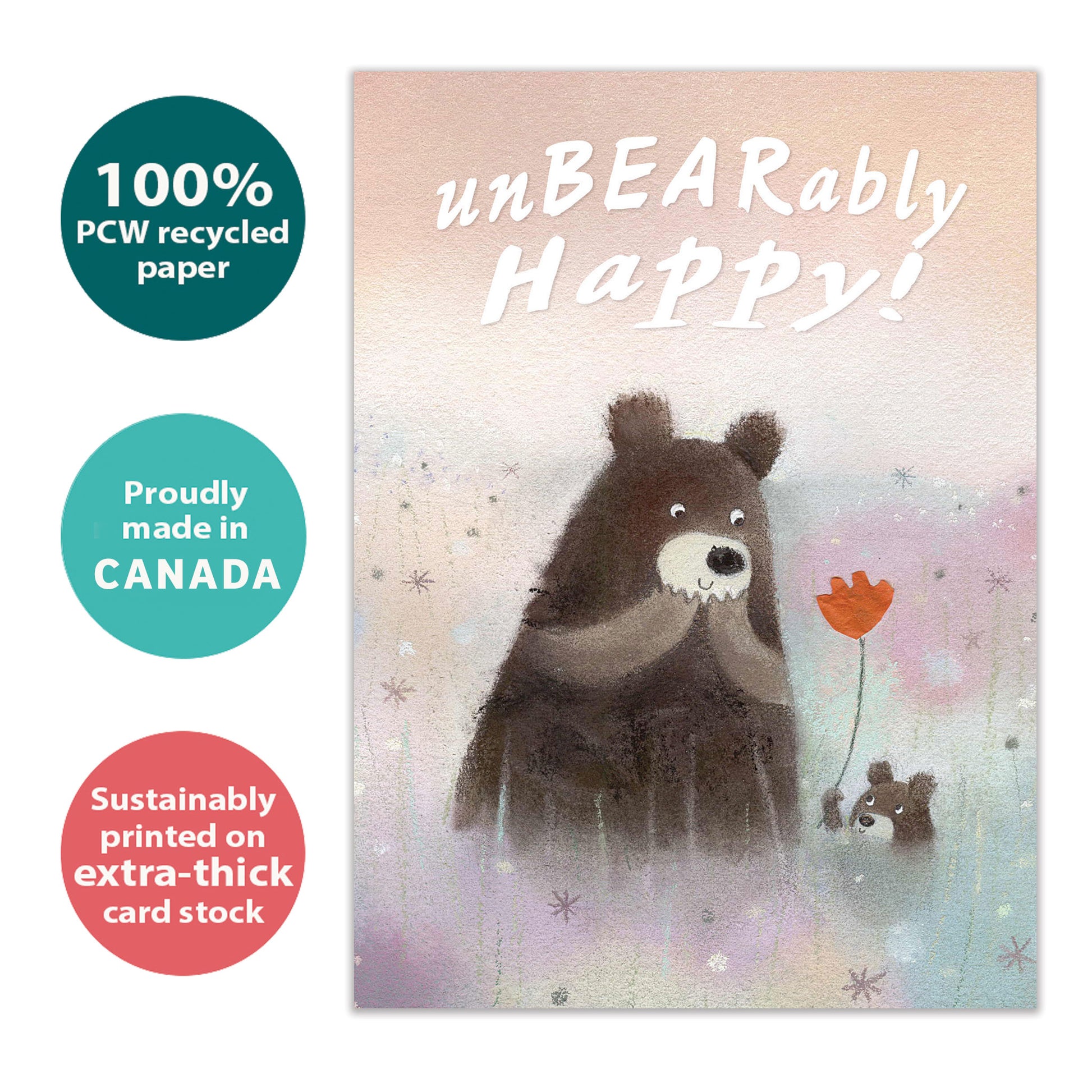 Front view of a Birthday greeting card with an illustration of a cub bear handing a flower to a bear, made with eco-friendly materials in Canada.