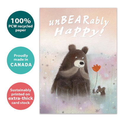 Front view of a Birthday greeting card with an illustration of a cub bear handing a flower to a bear, made with eco-friendly materials in Canada.