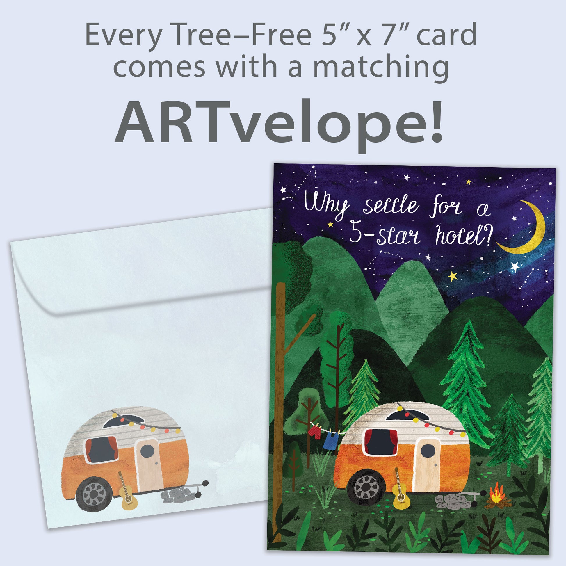 Front view of a Birthday greeting card featuring an illustration of a camper in the woods at night, with matching envelope artwork.