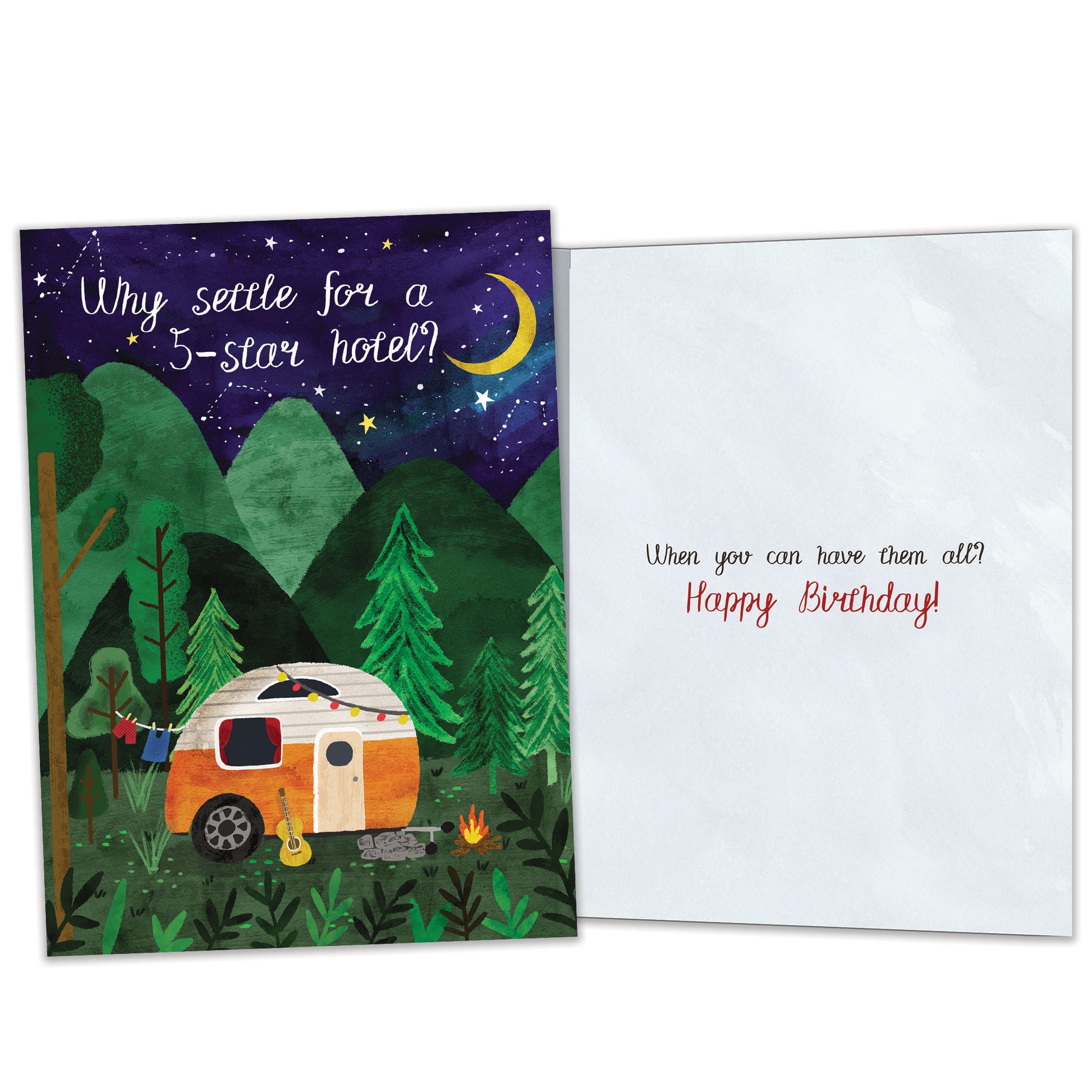 Front and inside view of a Birthday greeting card featuring an illustration of a camper in the woods at night, with matching design details inside.