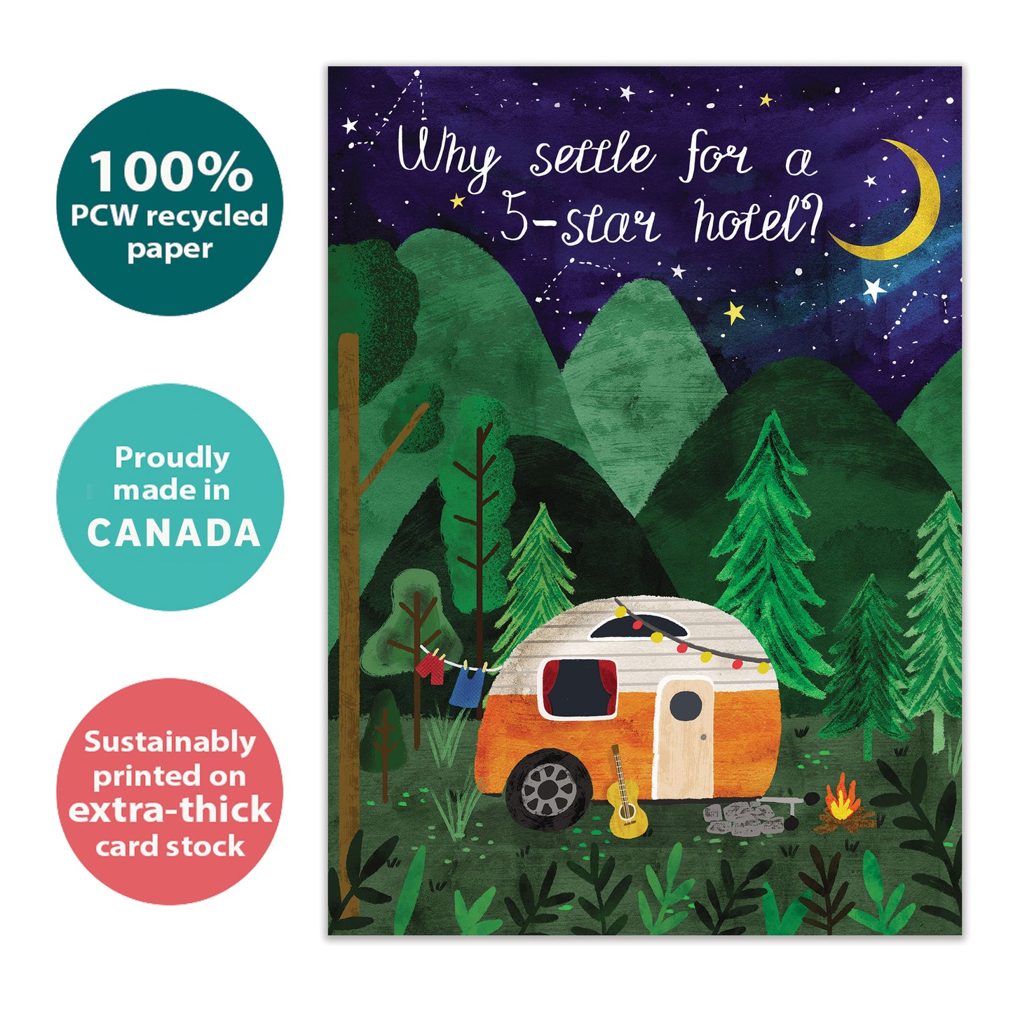 Front view of a Birthday greeting card with an illustration of a camper in the woods at night, highlighting its eco-friendly materials and made in Canada.