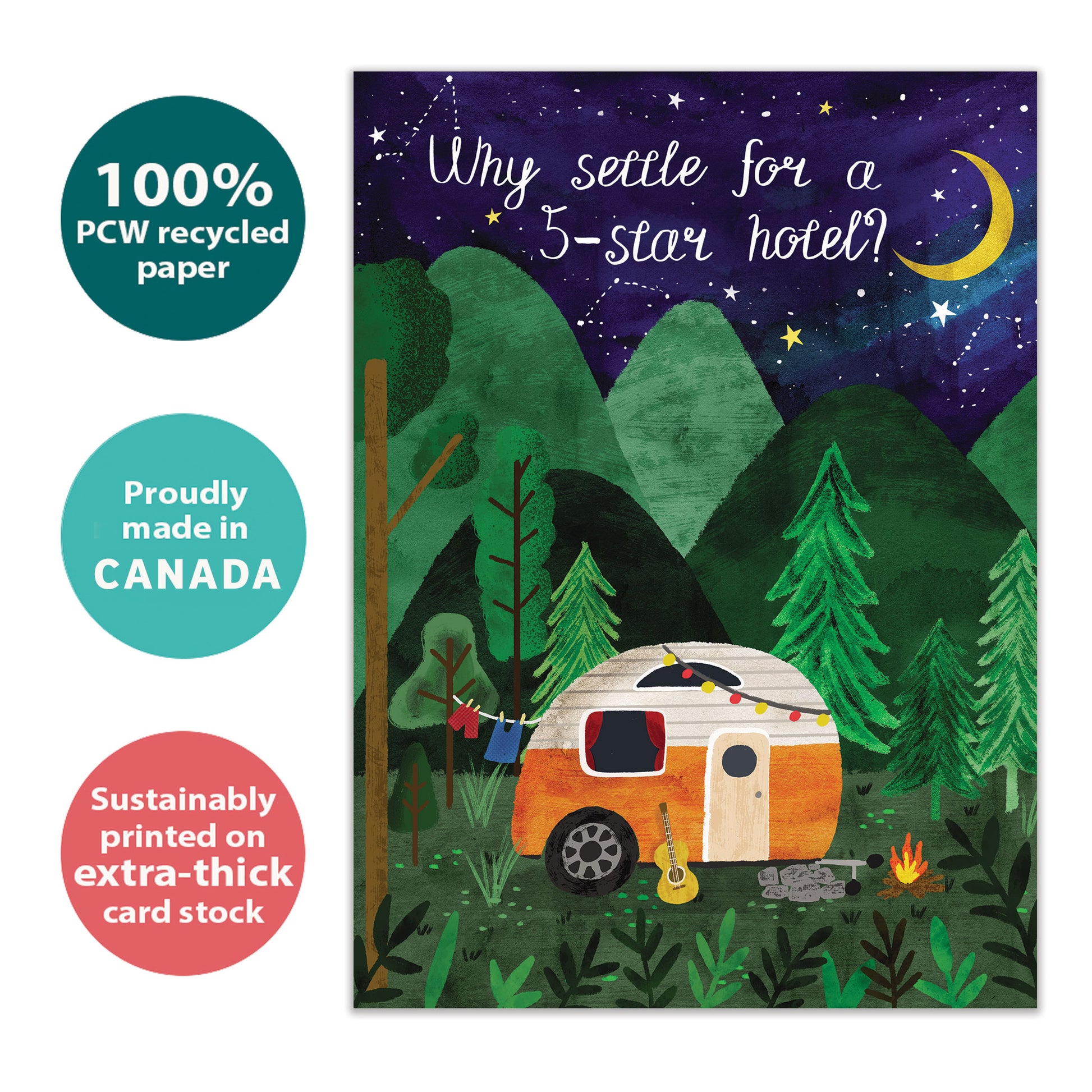 Front view of a Birthday greeting card with an illustration of a camper in the woods at night, highlighting its eco-friendly materials and made in Canada.