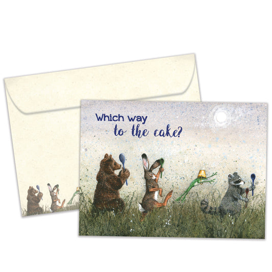 Front view of a Birthday greeting card featuring an illustration of animals playfully walking through a field, with a matching envelope.