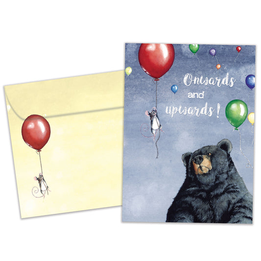 Front view of a Birthday greeting card featuring a playful image of a bear watching a mouse floating by on a balloon, with a matching envelope.