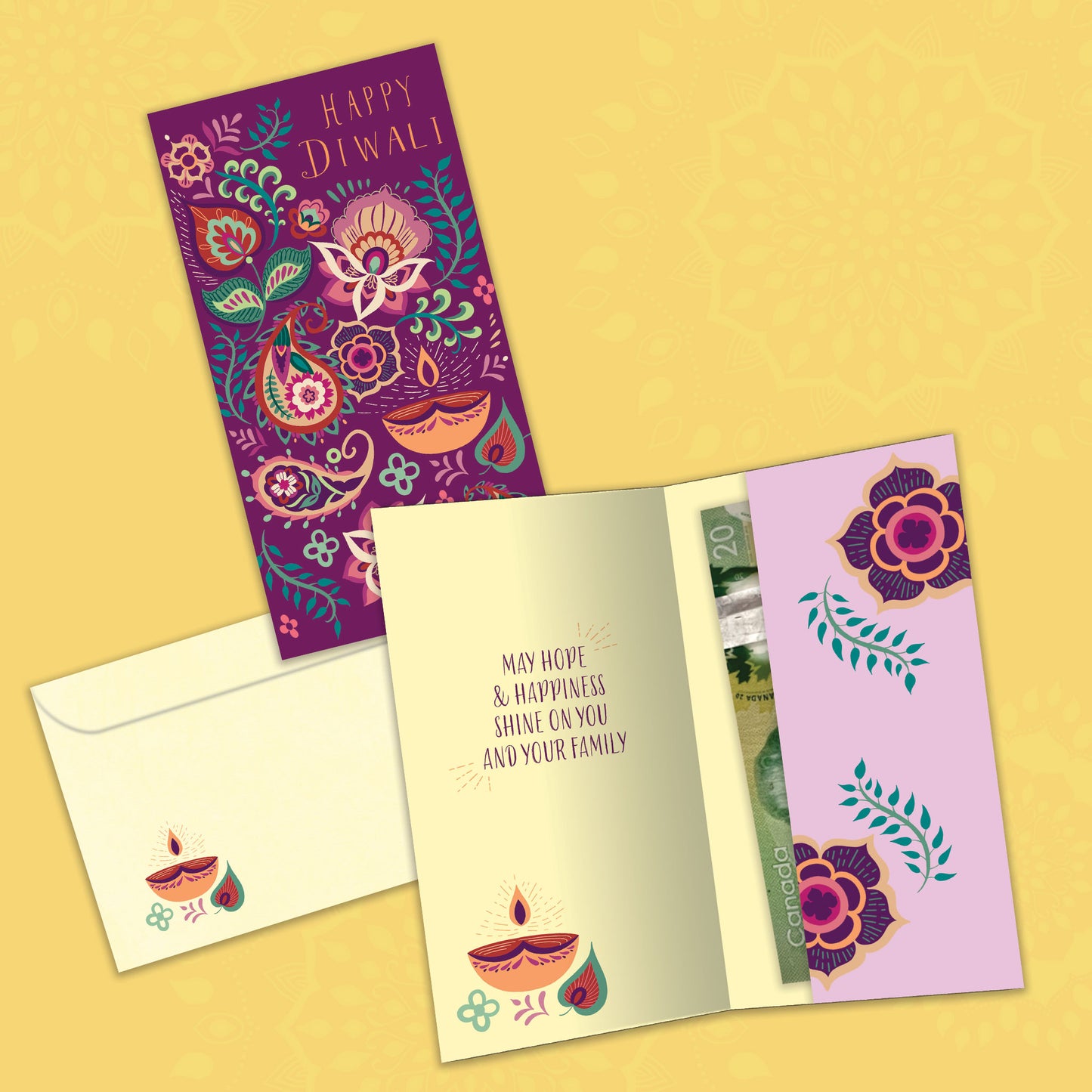 Floral Candles Diwali Money Holder Card