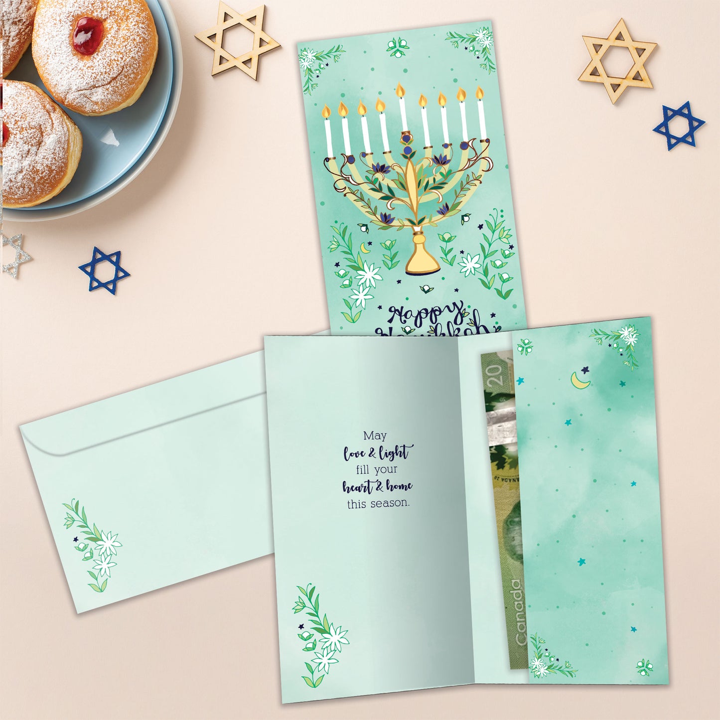 Floral Menorah Hanukkah Money Holder Card