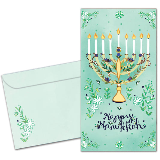Floral Menorah Hanukkah Money Holder Card