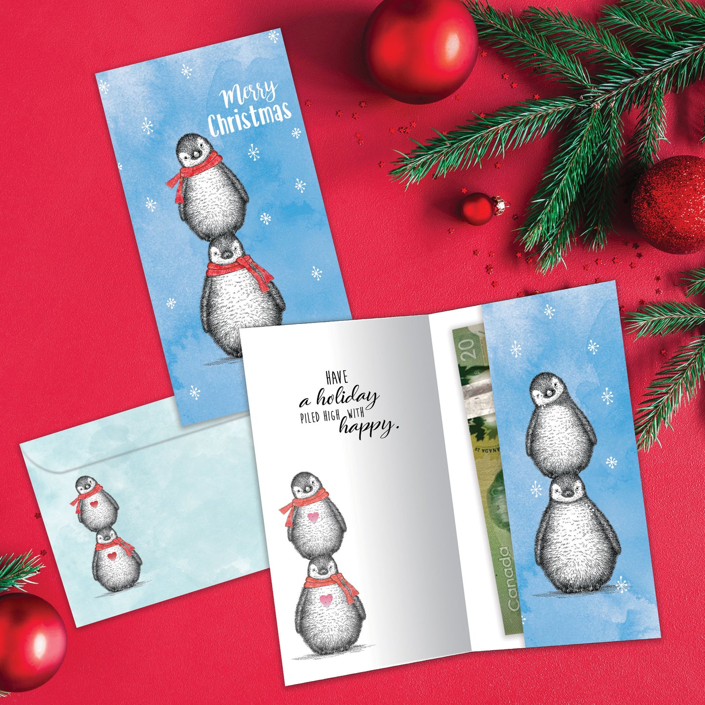 Boho Christmas Penguins Christmas Money Holder Card