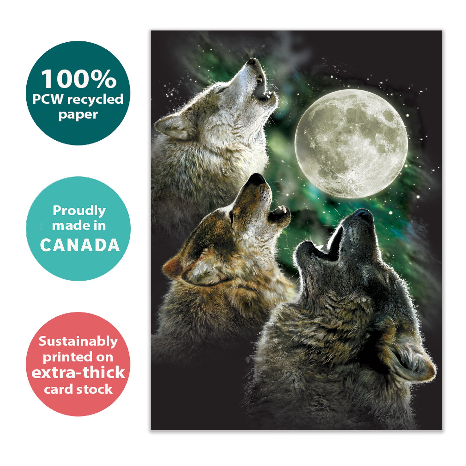 Front view of an All Occasion greeting card featuring three wolves howling at a full moon, with text highlighting its eco-friendly materials and being made in Canada.