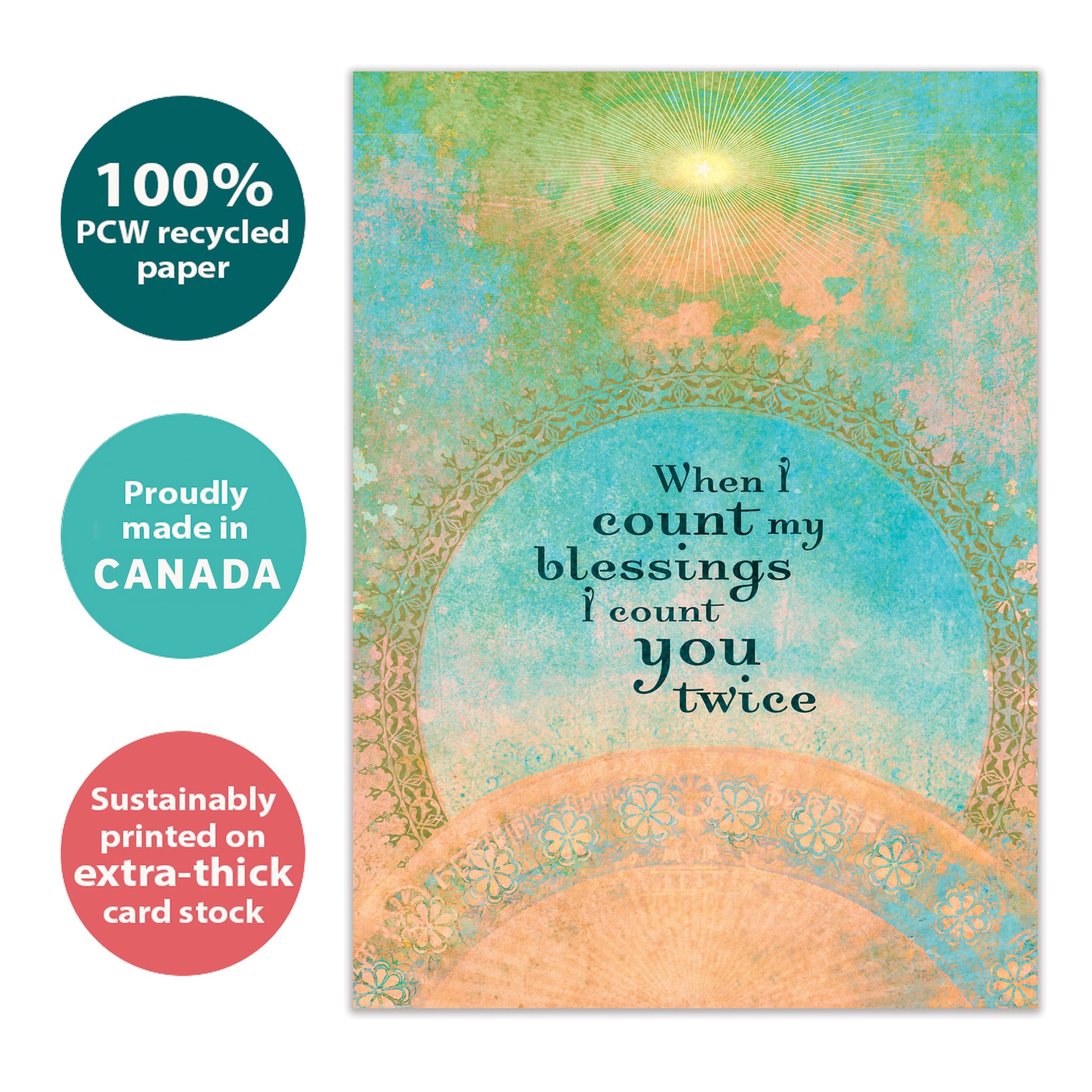Front view of an All Occasion greeting card featuring an illustrated design and a lovely message, with text highlighting its eco-friendly materials and being made in Canada.