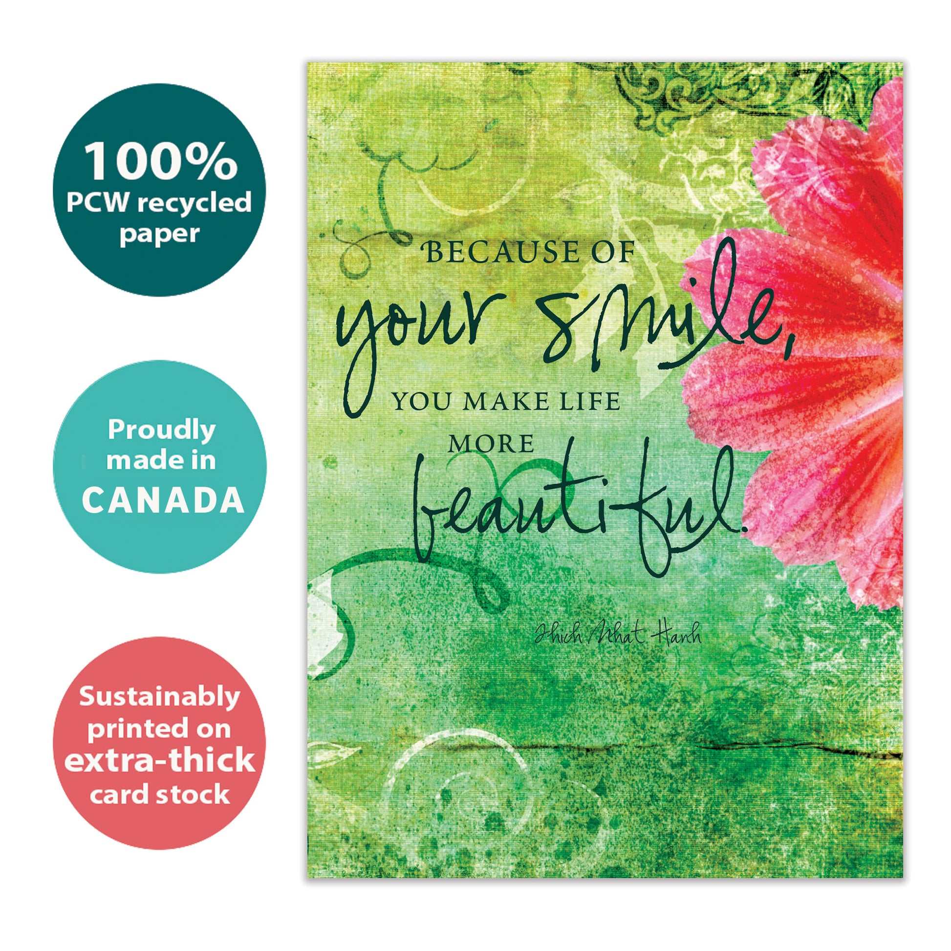 Front view of an All Occasion greeting card featuring a floral design and a beautiful message, with text highlighting its eco-friendly materials and being made in Canada.