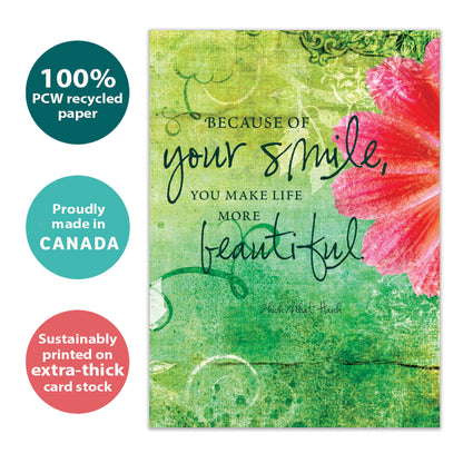 Front view of an All Occasion greeting card featuring a floral design and a beautiful message, with text highlighting its eco-friendly materials and being made in Canada.