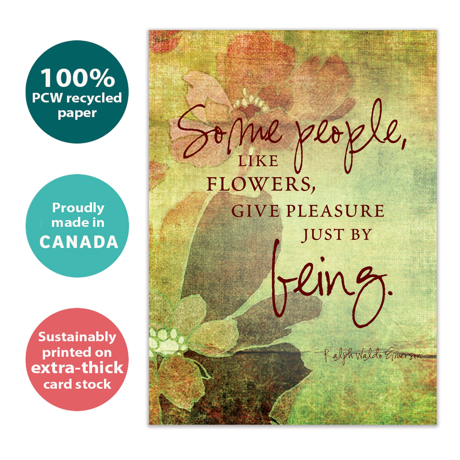 Front view of an All Occasion greeting card with a lovely flower design and a meaningful message about a cherished person, highlighting its eco-friendly materials and Canadian origin.