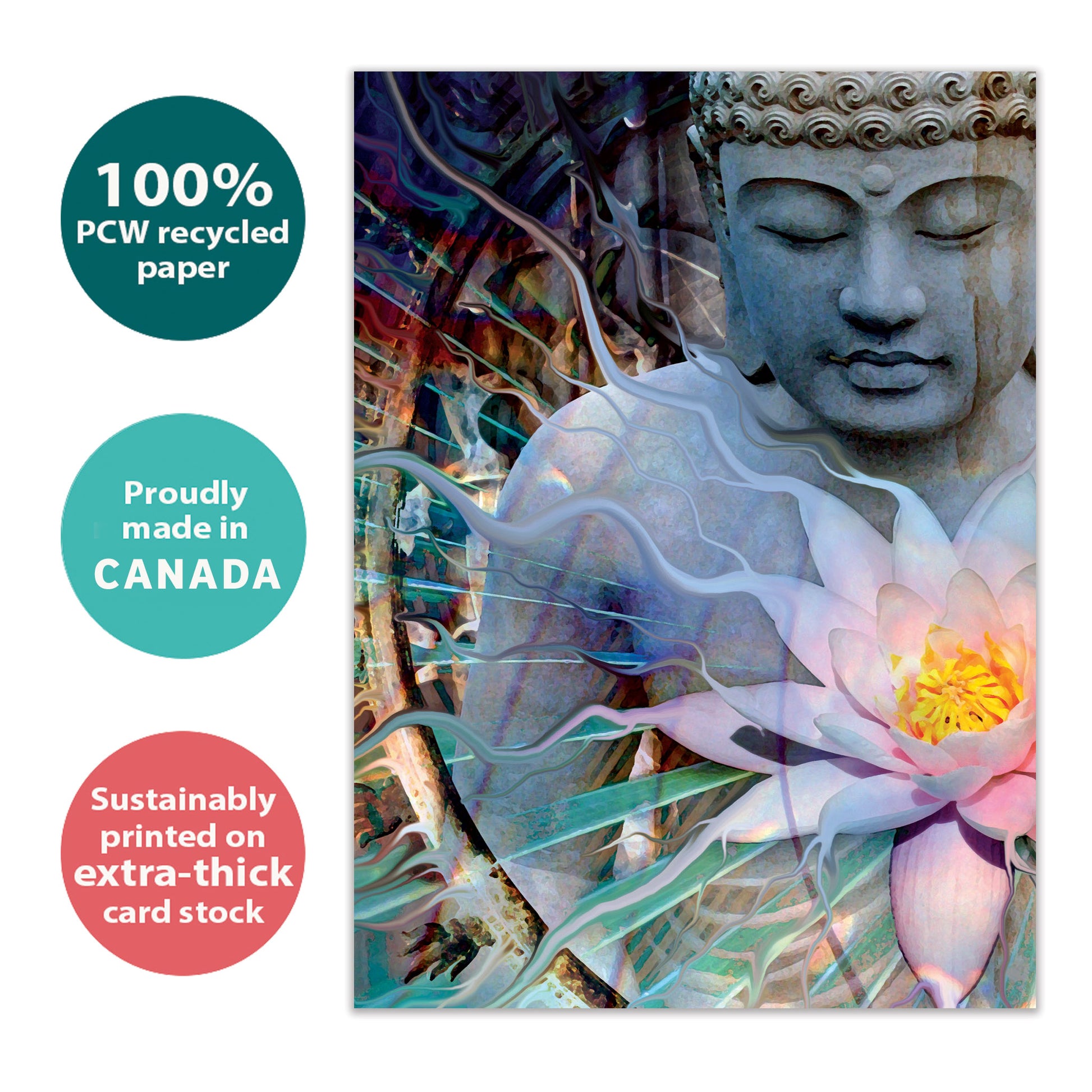 Front view of an All Occasion greeting card with a tranquil Buddha and flower design, highlighting its eco-friendly materials and being made in Canada.