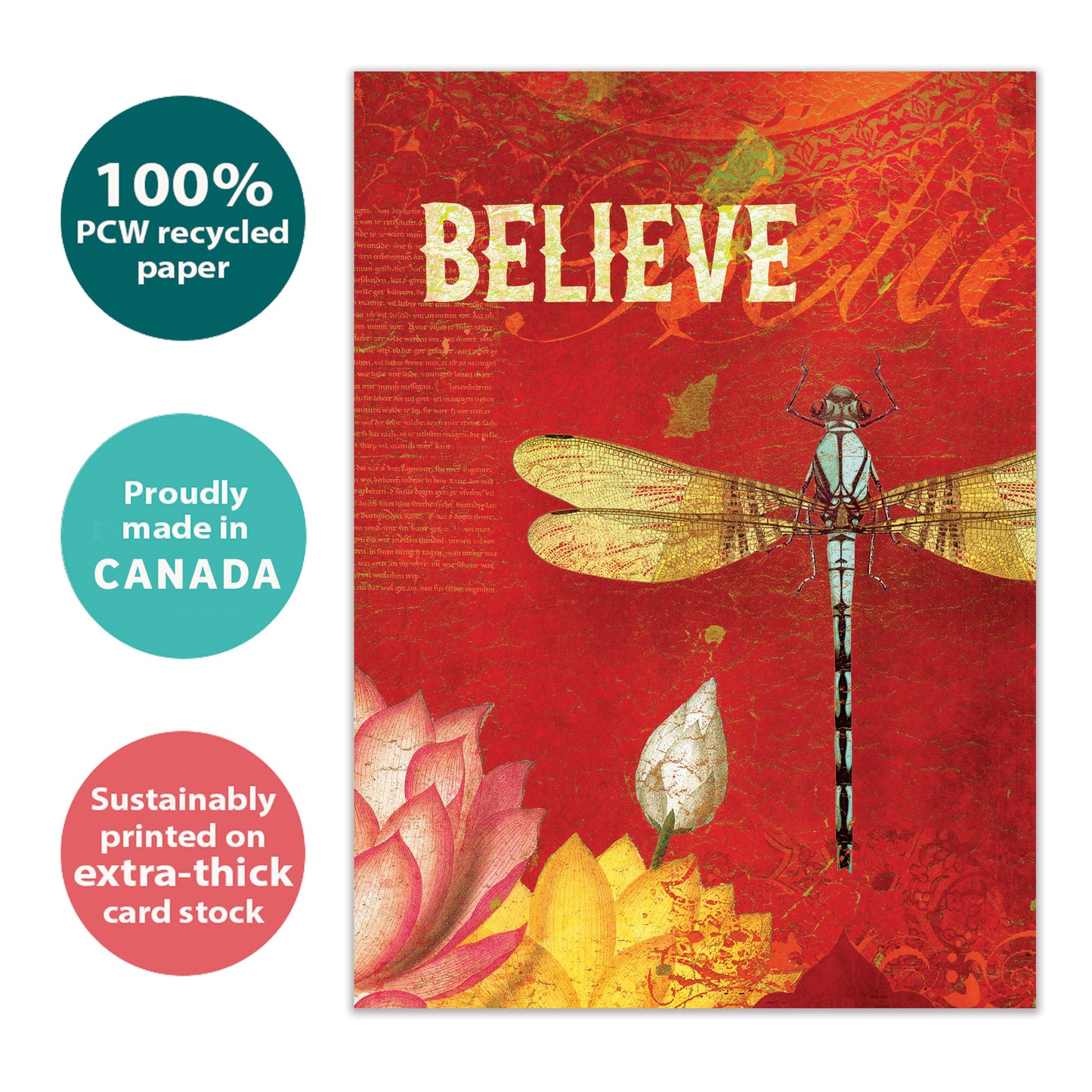 Front view of an All Occasion greeting card featuring a dragonfly, flowers, and the word 'Believe,' highlighting its eco-friendly materials and being made in Canada.